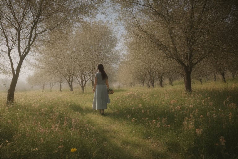 Generate a high-resolution, realistic image of a young girl with a thoughtful expression. The girl should have fair skin, hazel eyes, and medium-length chestnut brown hair. She should be depicted outdoors in a natural setting, standing under dappled sunlight filtering through trees. Her attire should consist of a light blue dress with floral patterns, and she should be holding a basket of wildflowers in one hand while her other hand lightly brushes against the leaves of a nearby tree. Capture a sense of tranquility and connection with nature in the image. Ensure that the lighting and shadows are consistent with the environment to create a convincing and lifelike portrayal