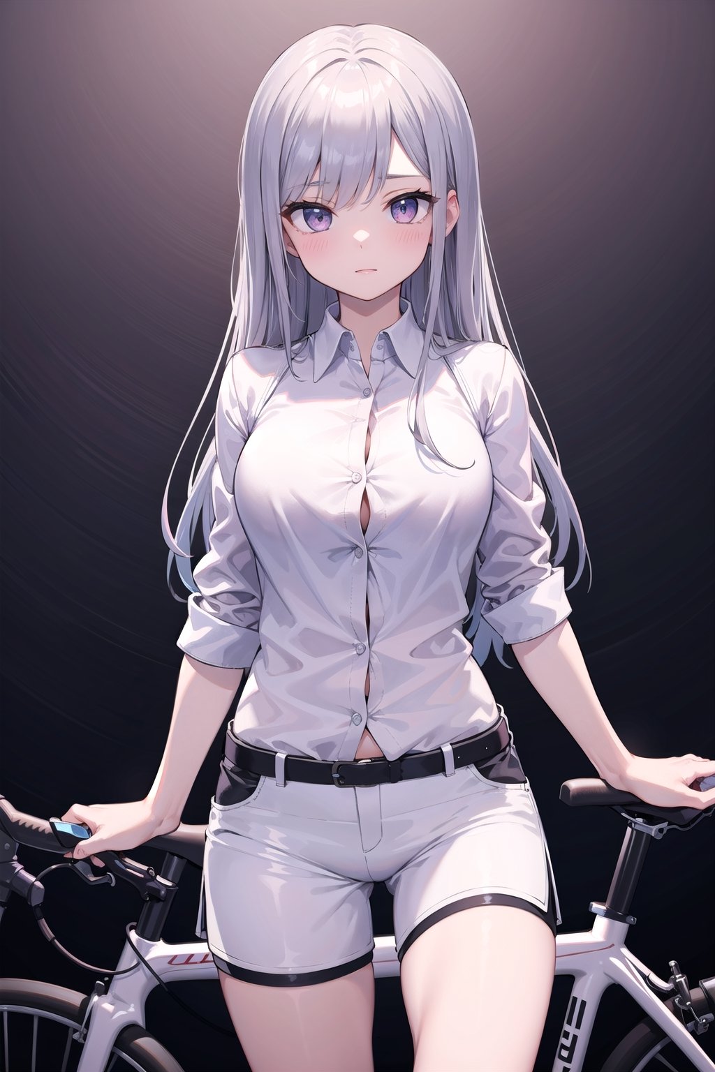 (masterpiece), best quality, high resolution, highly detailed, detailed background, perfect lighting, 1girl, widow's peak, silver eyes, medium open breasts, mandarin smooth collar shirt,bike white smooth shorts, university