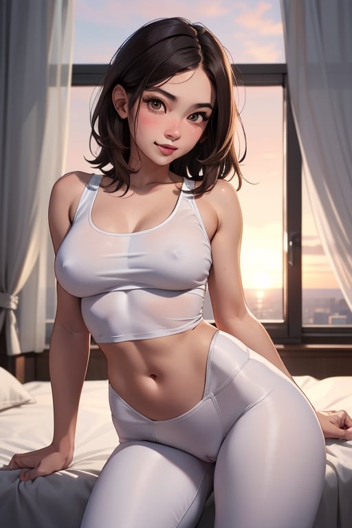 beautiful half white, half asian girl with medium breasts in her girly bedroom. She has brown eyes. She has light brown, medium length hair. She is doing a fun, sexy pose. She is wearing a white tight tank top. She is looking at forward seductively. There is a sunset in the window. She is wearing white leggings. pussy visible, boobs visible,