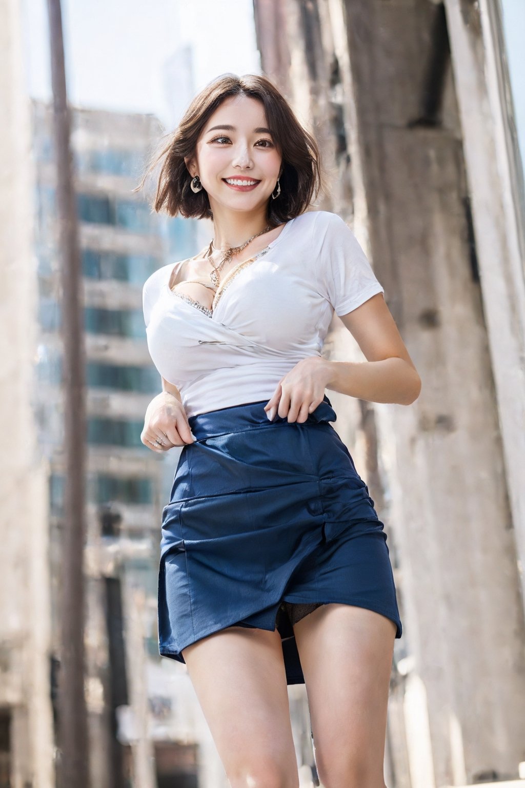 (photorealistic, masterpiece, best quality, highly detailed), ((1 beautiful woman)), asian girl, large-sized breasts,cleavage,beautiful face, beautiful eyes, smiling, light-brown short bob hair, detailed face, detailed eyes, earrings, necklace, wearing a t-shirt, wearing a mini skirt,beautiful long legs, realistic detailed skin texture, detailed hair, walking on a street, 8k resolution,full_body,((skirt lift)),wearing white panties,((from below)),(skirt lift:1.2)