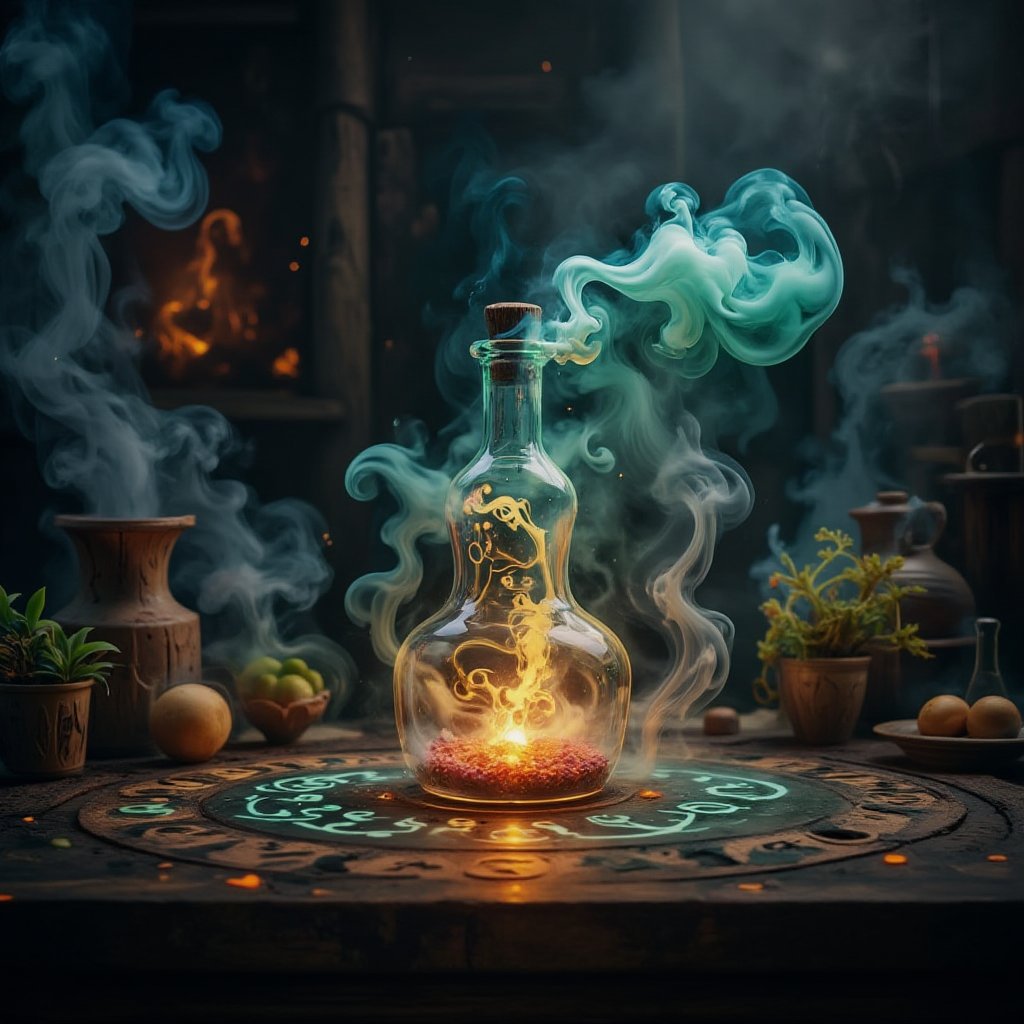 nebulous, A glowing magical elixir bottle, placed on an ancient wooden table in a dimly lit alchemist's lab. The bottle is filled with swirling liquid, radiating a soft ethereal light. The environment is filled with mysterious ingredients, mystical symbols carved into the table, and glowing runes floating in the air. Photorealistic, highly detailed, with a mystical and ancient atmosphere.,