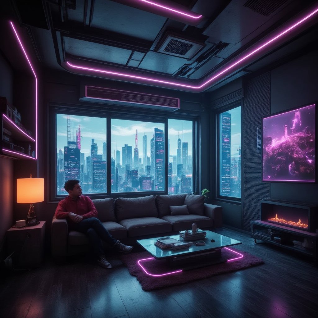 TechnoScape, a person sitting on sofa, futuristic living room