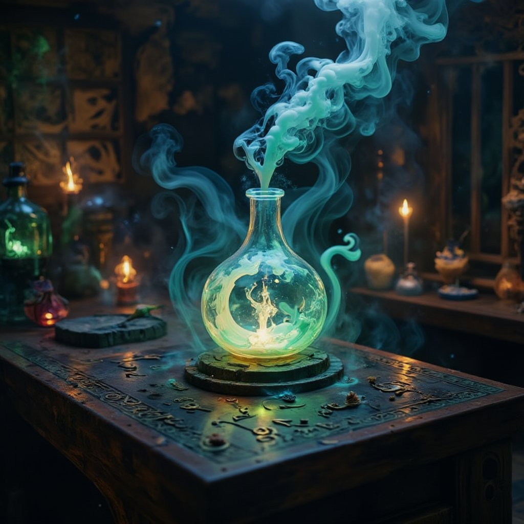 nebulous, A glowing magical elixir bottle, placed on an ancient wooden table in a dimly lit alchemist's lab. The bottle is filled with swirling liquid, radiating a soft ethereal light. The environment is filled with mysterious ingredients, mystical symbols carved into the table, and glowing runes floating in the air. Photorealistic, highly detailed, with a mystical and ancient atmosphere.,