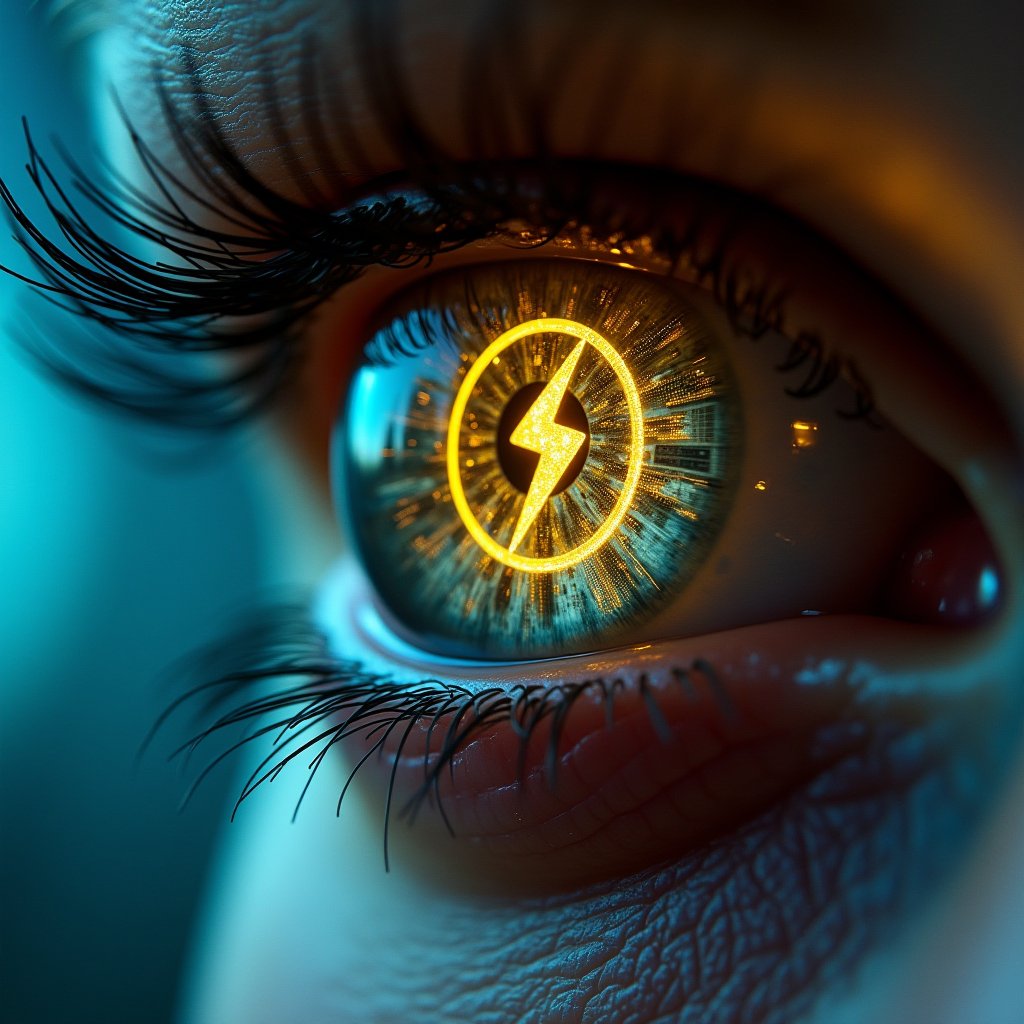 Create an image where the viewer is looking into a human eye. (man) In the eye's reflection, depict a futuristic and war-torn world, a neon glowing faded yellow zeus thunderbolt sign, The landscape should be overrun with advanced AI technology, tall buildings covered in digital advertisements and holograms, glowing cybernetic iris