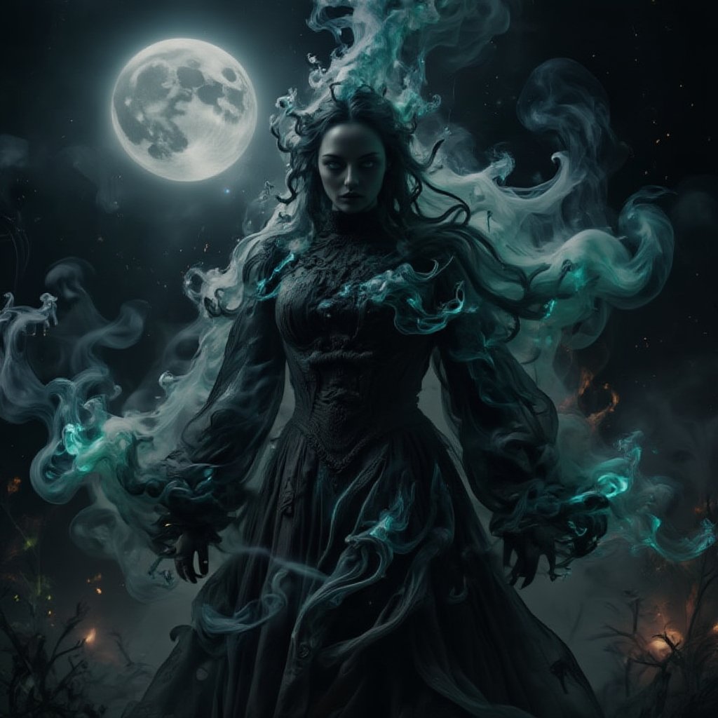 sylvanis,nebulous, A mysterious witch standing under a full moon on a dark Halloween night, dressed in an elaborate, flowing black robe adorned with glowing runes