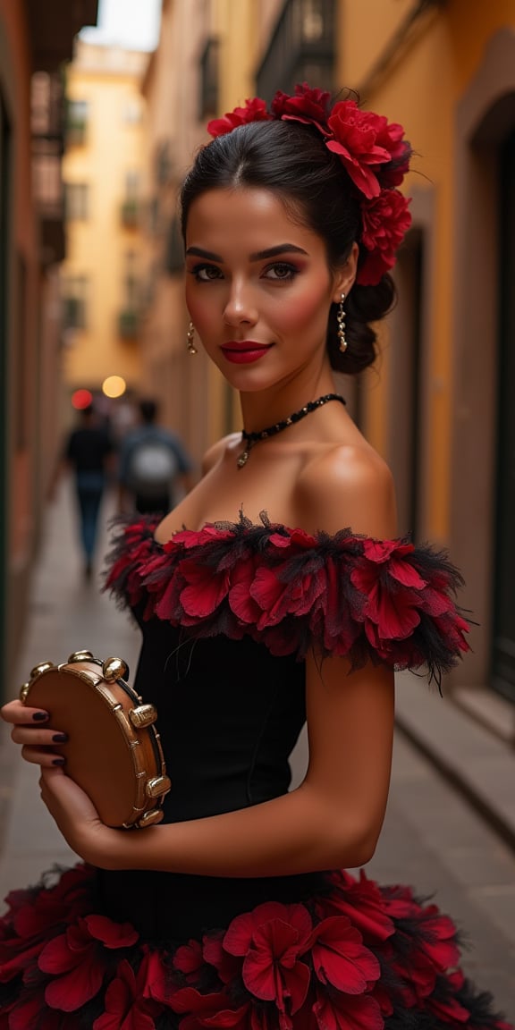 (best quality, masterpiece, ultra detailed, highres, RAW image),
a beautiful young diva acting as Carmen, dancing flamenco with tambourine in the in Seville street, Spanish dance, Perfect facial features, perfect eyes, eye contact, kind smile, lipgloss, expressive red and black dress, perfect proportions, prestigeous, dignified, romantic, fantasy, romanticism,flat colors,