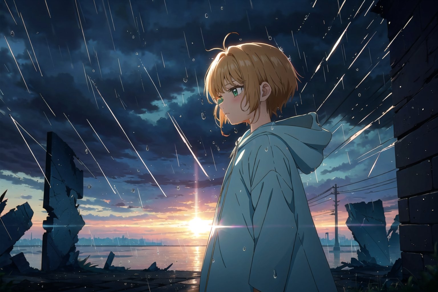 (masterpiece, best quality, ultra detailed:1.2), best shadow, detailed background, best illumination, colorful, depth of field, perfect hands, anime, 1girl, solo, profile, blush,  (medium full shot, scenery:1.3), emotionless, 

kinomoto sakua, green eyes, gray hood raincoat, (ruins, raining:1.3), post apocalyptic, dark style, black cloud, night, arms_crossed, hooding,