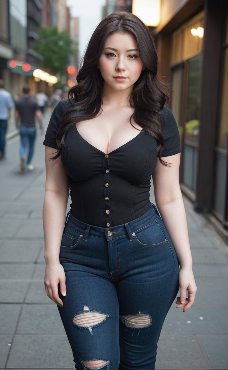 25yo sexy size plus woman, chubby body, attractive Japanese face, short sleeve black blouse button, unbuttoned, long jeans, ripped jeans, huge perky firm breasts, toned abs, long wavy black hair, (pale skin:1.5), curvy toned thigh, cleavage, night city street, p3rfect boobs, seductive, dramatic, aesthetic,p3rfect boobs, tatto, minimalist necklace