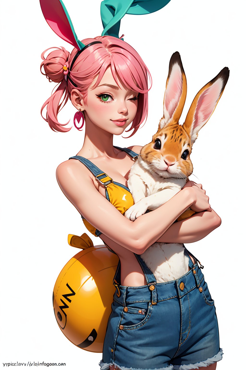 1girl, solo, looking at viewer, smile, short hair, simple background, white background, holding, animal ears, jewelry, green eyes, swimsuit, pink hair, bikini, cowboy shot, earrings, one eye closed, hair bun, rabbit ears, lips, animal, watermark, single hair bun, denim, bikini top only, web address, cropped legs, rabbit, ;\), bikini under clothes, overalls, yellow bikini, holding animal, animal hug, overall shorts