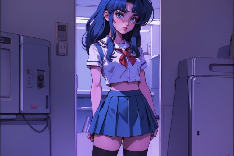 full-body_portrait, retro_artstyle, 80s, long dark blue hair girl standing, school_girl skirt,thick calves