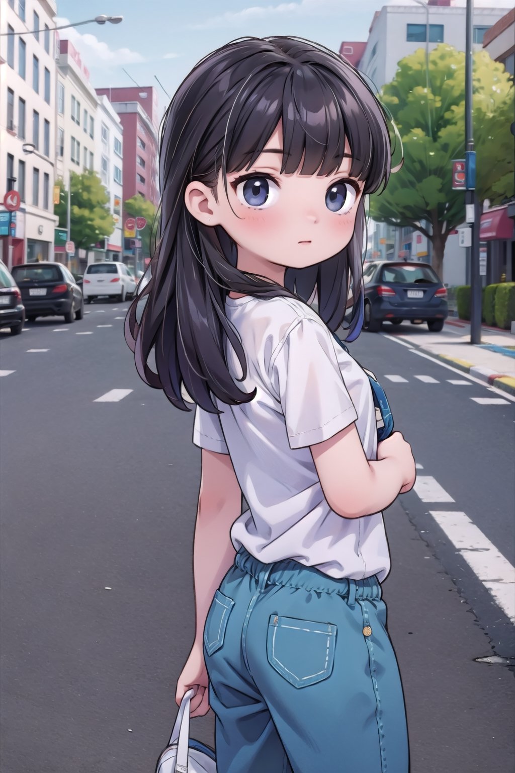 masterpiece, street, 1girl, bangs, long_hair, short jeans, white_shirt, leaning_back