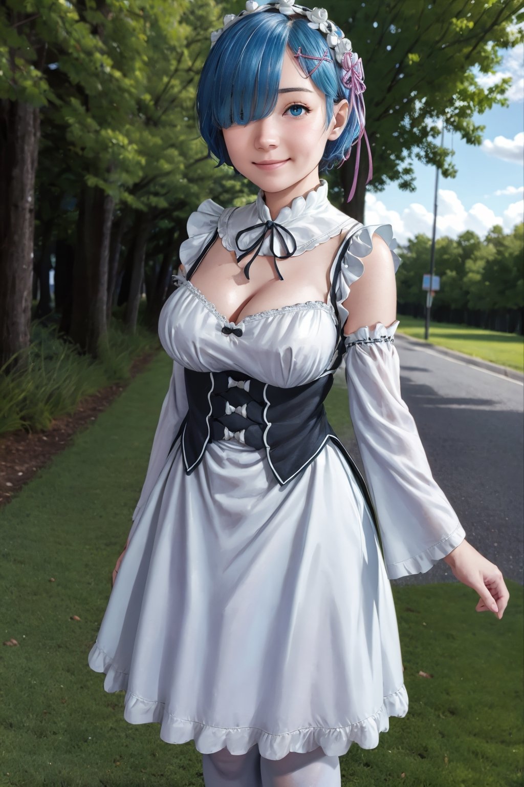 masterpiece, best quality, highres, aarem, short hair, maid headdress, x hair ornament, hair ribbon, hair over one eye, large breasts, frills, neck ribbon, cleavage, dress, detached sleeves, white apron, waist apron, white pantyhose, , standing, cowboy shot, smile, outdoors, v arms,