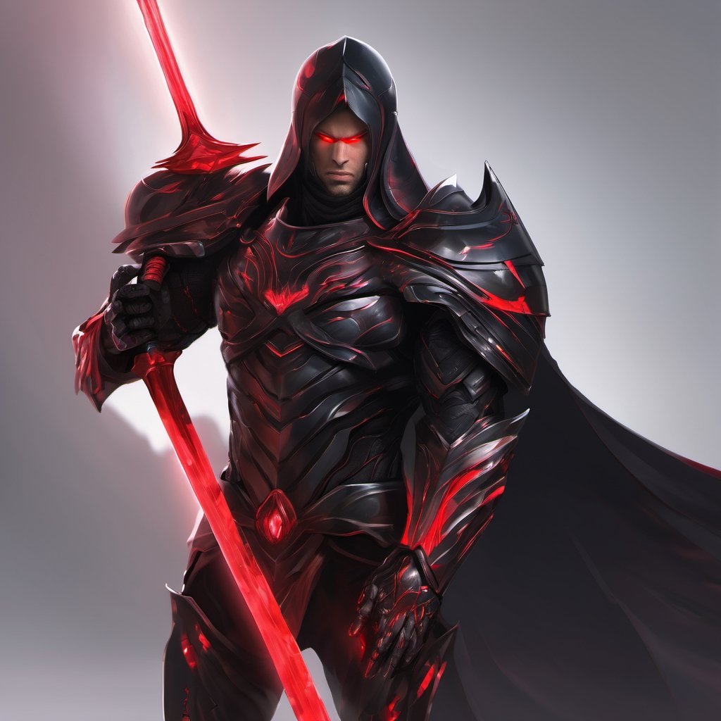 1man. male, solo, wearing black armor, holding red weapon infront of him, holding sword, cape,  simple glowing background , HD, masterpiece, best quality, hyper detailed, ultra detailed,