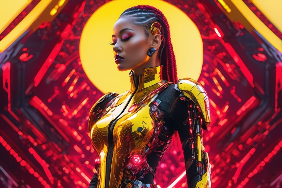 xxmixgirl,body girl,perfect body ,full body,standing up,covered in ruby crystals armored full body,tall girl, wearing pants,cyborg style,xxmix_girl,background electric yellow sky,cyborg,android,portrait_futurism,6000