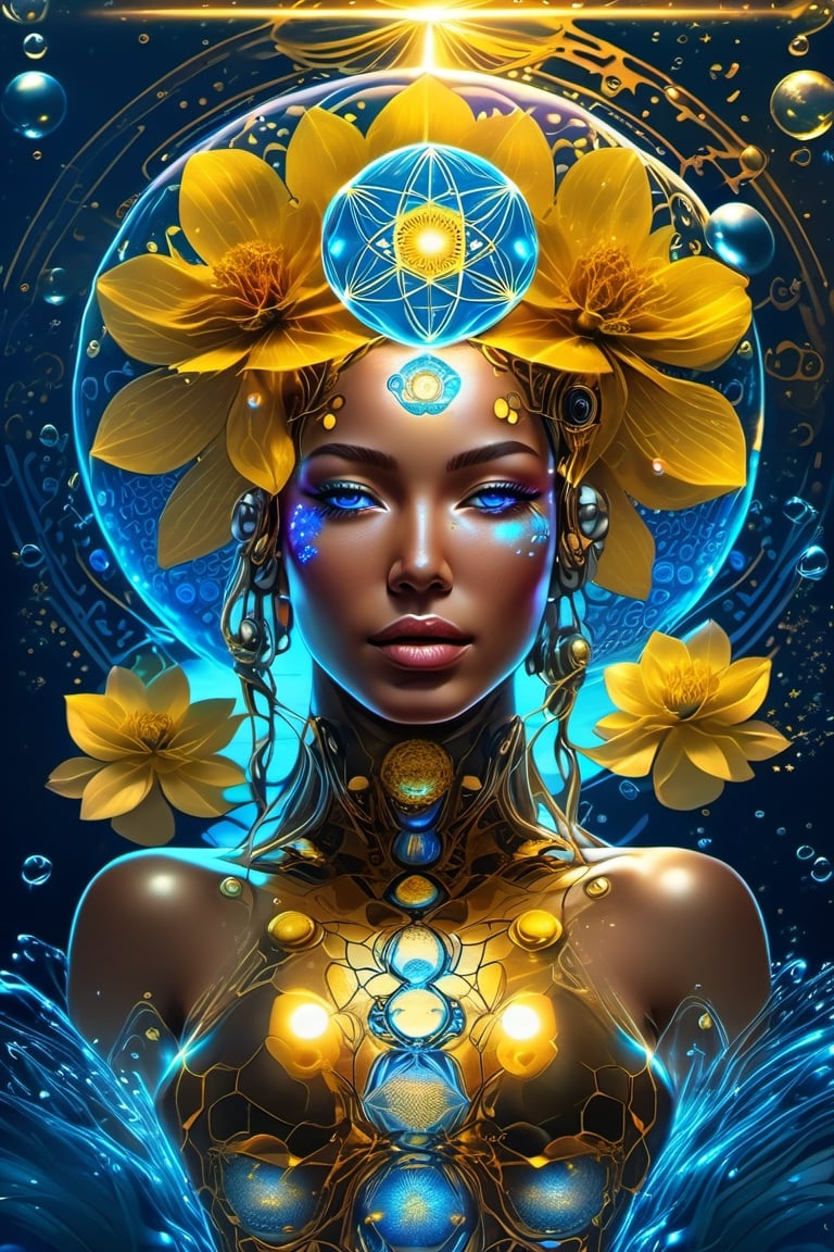 cyborg style,dfdd, masterpiece,full body,arms and legs,Gaia,letting water background flower of life,liquid gold over her body,perfect face,teardrops laser blue eyes,cyborg,vaporwave style