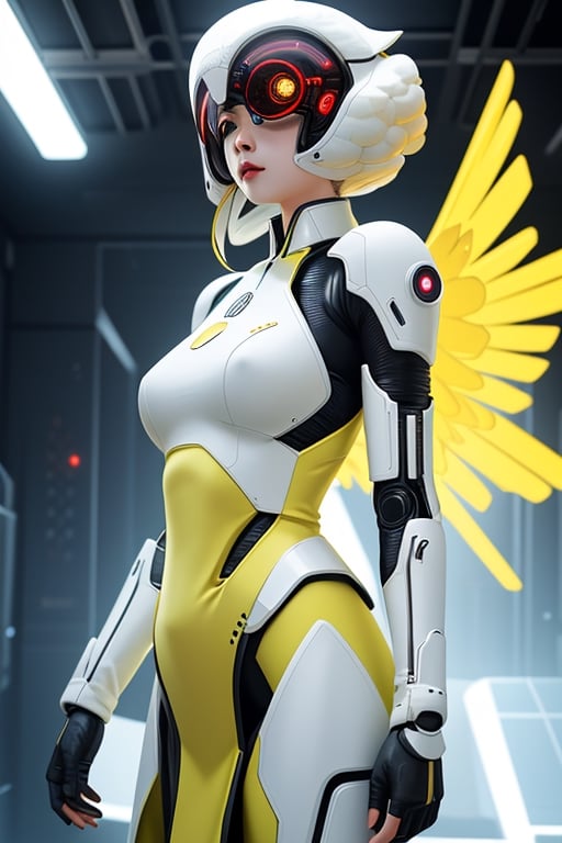 1perfect bird,animal,android Cockatoo metal,white and yellow body,spread metal wings,futureaodai,cinematic light,Science Fiction,Endsinger