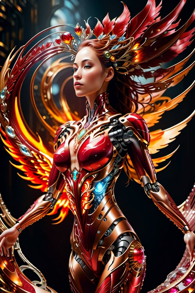 cyborg style, woman,red ruby full body,Phoenix,,isni,background crystals,cyborg,HZ Steampunk,Phoenix fire