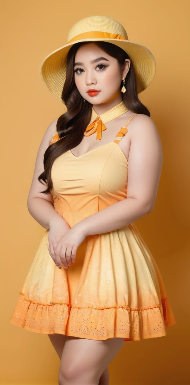 25yo woman, most beautiful asian face, (sexy plus size body:0.8), pale skin, Lolita yellow and orange colored mini dress, elegant woman hat, simple yellow gradient background, model pose, LinkGirl