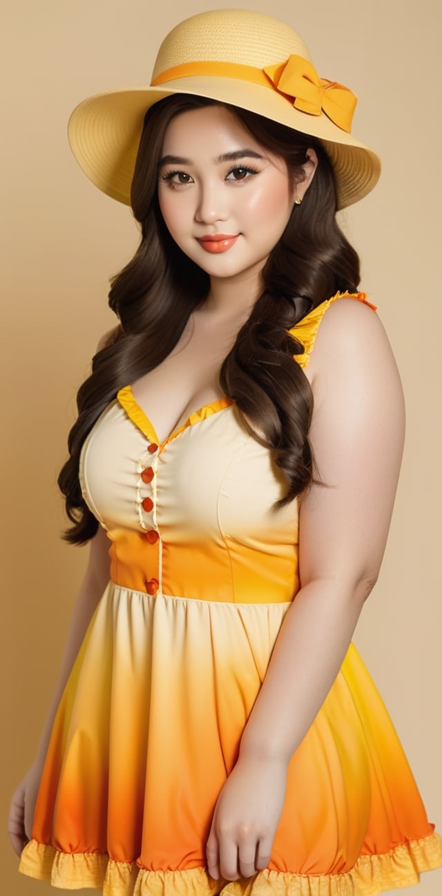 25yo woman, most beautiful asian face, (sexy plus size body:0.8), pale skin, Lolita yellow and orange colored mini dress, elegant woman hat, simple yellow gradient background, seductive smile, model pose, (full body:0.6),LinkGirl