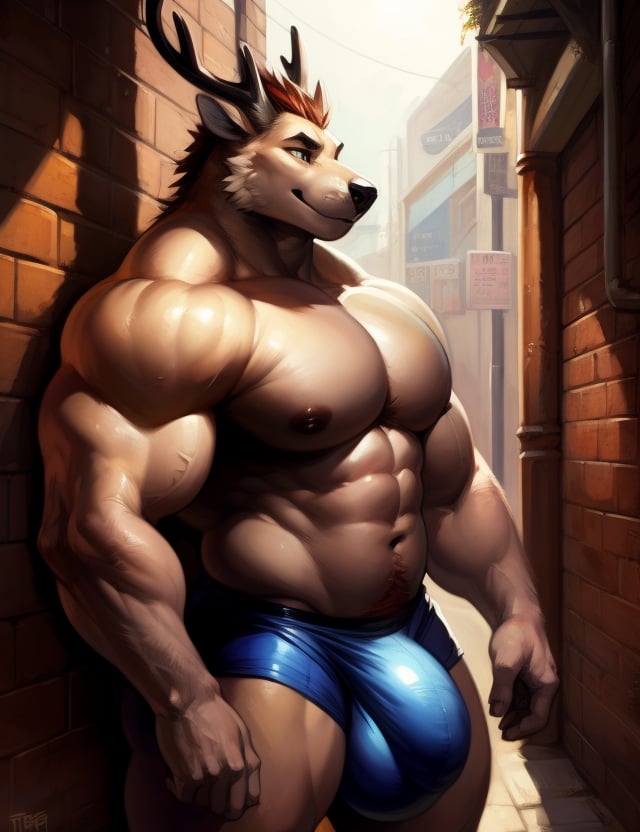 Solo, male, muscular, giant, enormous, buff, strong, massive biceps, massive pecs, canine, big bulge, by darkgem, by mystikfox61, by glitter trap boy, alleyway, Dragon-deer,