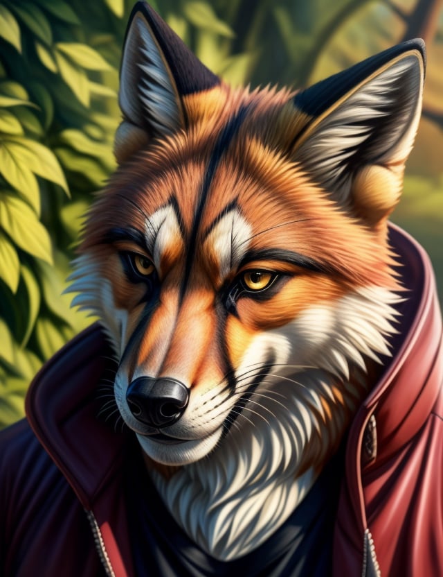 a close up of a person wearing a red jacket and a black shirt,furry character portrait,commission for high res,fursona furry art commission,anthro portrait,very very beautiful furry art,pov furry art,furry fursona,furry character,portrait of an anthro fox,handsome weasel fursona portrait,furry art,fursona commission。