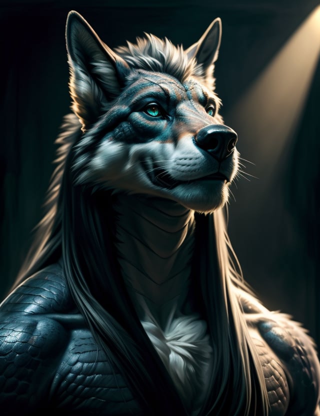 uploaded on e621, anthro, (by chunie, rov, h0rs3, ruaidri), (dracowolf:1), high res, ((detailed realistic image)), (detailed eyes, expressive eyes), impasto impressionism, insane details, (hyper realistic scales:1.2), (hyper realistic fur:1.3), (detailed fur:1.3), (detailed scales:1.2), pupils, (bust portrait:1.3), (athletic:0.9), (slightly chubby:1.2), (expressive face, detailed face), (long hair:1.3), (graying hair:1.3), (realistic quality:1.3), (photographic quality:1.1), full color, (3d:1.1), (male), (dark studio background), (canine features:1.4), ff7r style, (rim lighting,:1.4) two tone lighting, sharp focus, teal hue, octane, unreal, dimly lit, low key, to8contrast style,