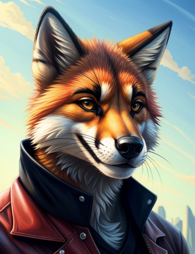 a close up of a person wearing a red jacket and a black shirt,furry character portrait,commission for high res,fursona furry art commission,anthro portrait,very very beautiful furry art,pov furry art,furry fursona,furry character,portrait of an anthro fox,handsome weasel fursona portrait,furry art,fursona commission。