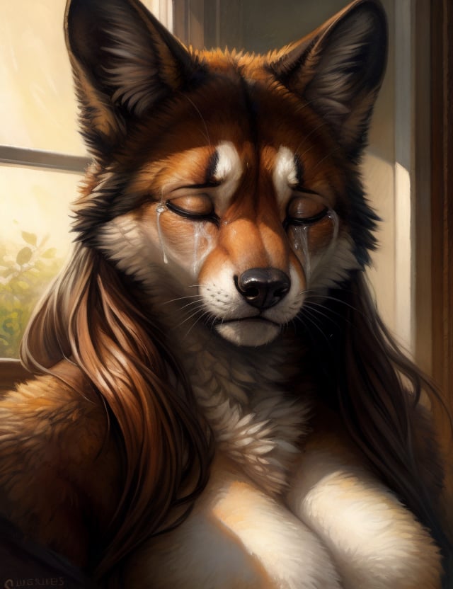 by kenket, by totesfleisch8, (by thebigslick, by silverfox5213:0.8), (by syuro:0.2), (by qupostuv35:1.2), (hi res), (masterpiece, best quality), animal, 1girl, solo, sad, crying, tears, eyes closed, wounded, bleeding, realistic, high quality, highres,FurryCore,DarkTheme