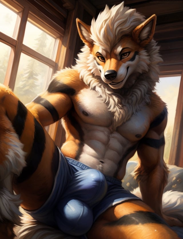 Male, (((solo))) character, Arcanine Pokemon, Male focus, 8k wuality, ultra realistic, 3d render, digital art, beautiful and detailed portrait of a Male Arcanine Pokemon, kenket, Ross Tran,ruan jia, uploaded to e621, zaush, foxovh, cenematic lighting, (((confident, seductive))) smile bedroom, not muscular, weak, (((detailed brown eyes))), (((correct position))), (((dating))), (((loving eyes))), (((full in love))), (((seductive))), (((seduction))), (((master))), (((dominant))), (((sexy))), (((legs open))), (((full body commission))), (((big bulge)))