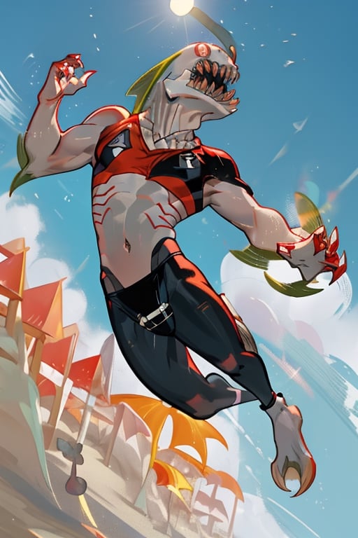 ripjaws, sharp teeth, claws, male, red t-shirt, leggings upon loincloth, beach, beach Volleyball, Jump, looking above, ball in mid-air