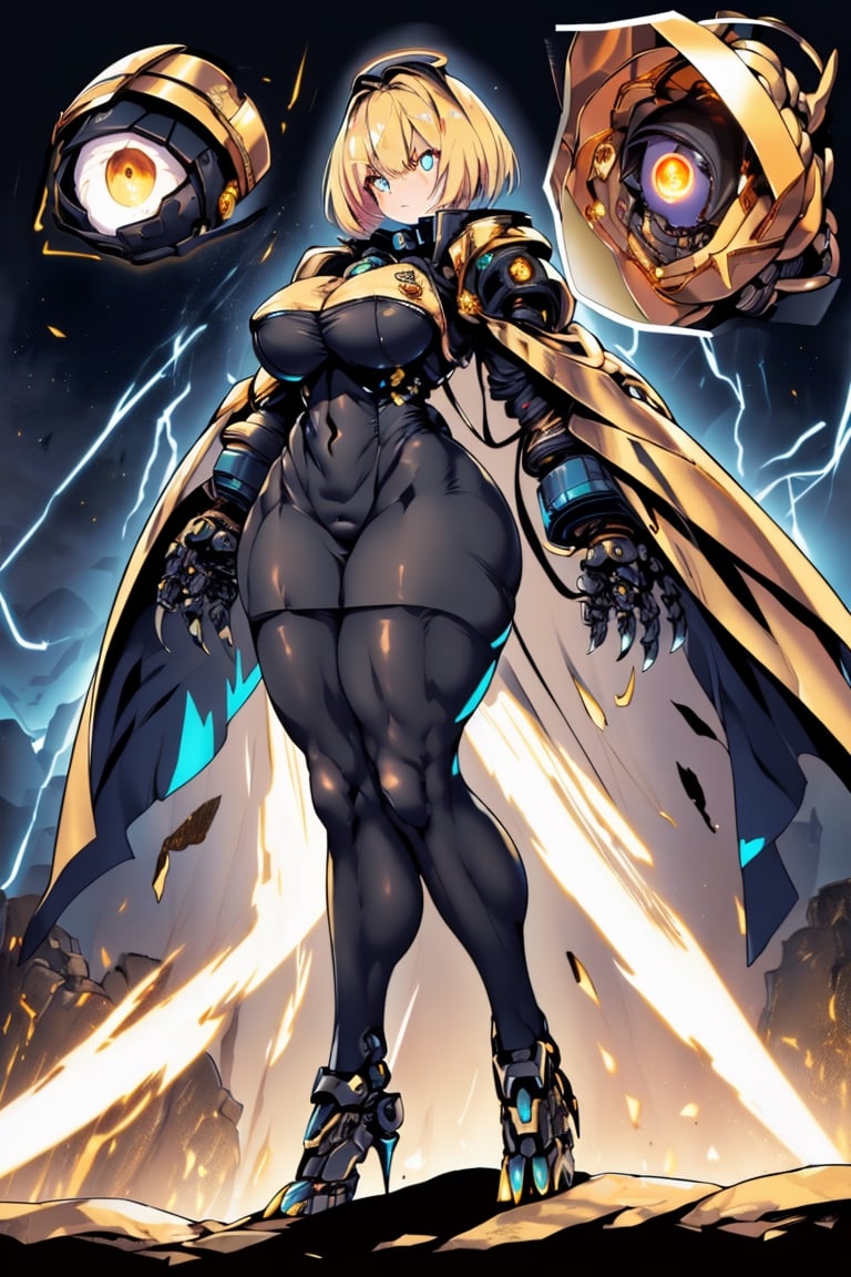 surreal, hyper realistic, HDR, 1girl, solo, futuristic, night time, (massive ass), wide hips, ((((thick thighs)))), ((((pantyhose)))), black mech suit, blue armor, ((big mechanical arms with claws)), (gold halo), (((blue jacket))), ((evil laugh and angry expression)), (apocalyptic sky), lightning, dark background, ((caret haircut), short (gold hair)), ((((gold glowing eyes)))), full body view, standing straight, ((spread legs)), mechanical legs, robot feet, relaxed, robotic accessories
,don quixote \(limbus company\),mechanical arms