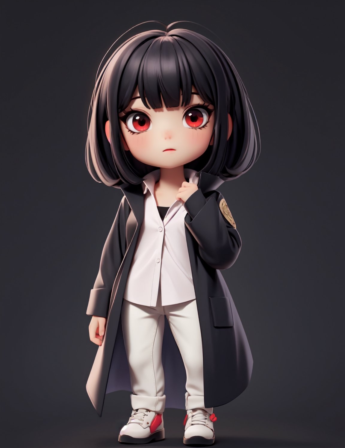  solo, chibi, full body, looking at viewer,  black hair,simple background,chibi,masterpiece, best quality, 1girl, red eyes, black hair, bangs, white shirt,  rack,black jeans,Not a naked sword in  hand,black coat