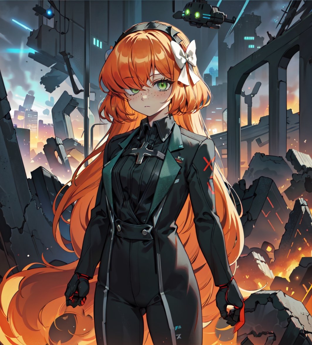 ,eggmantech,robot ,scifi ,  sageai, green eyes,  hair over one eye, black dress, glowing eyes, green eyes, orange hair, long hair,robotic,ishmael_limbus,a ruined city in the background, 1girl,cybernetic suit