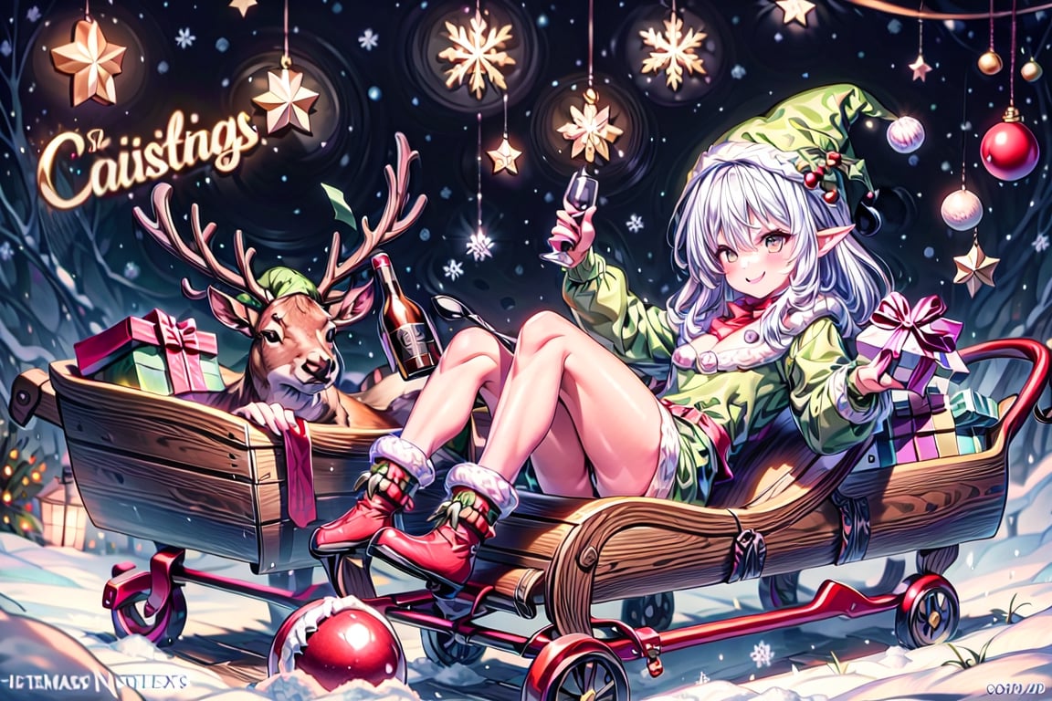  ChristmasWintery shoes,ChristmasElf,1girl, green pointy hat, striped thighs, pointy ears, green skirt, winter coat,drunk, smile,blush,bottle of wine in hand,riding a deer, Christmas mood, gifts,winter,ChristmasWintery,2.5D,Christmas,on a sleigh,christmas tree