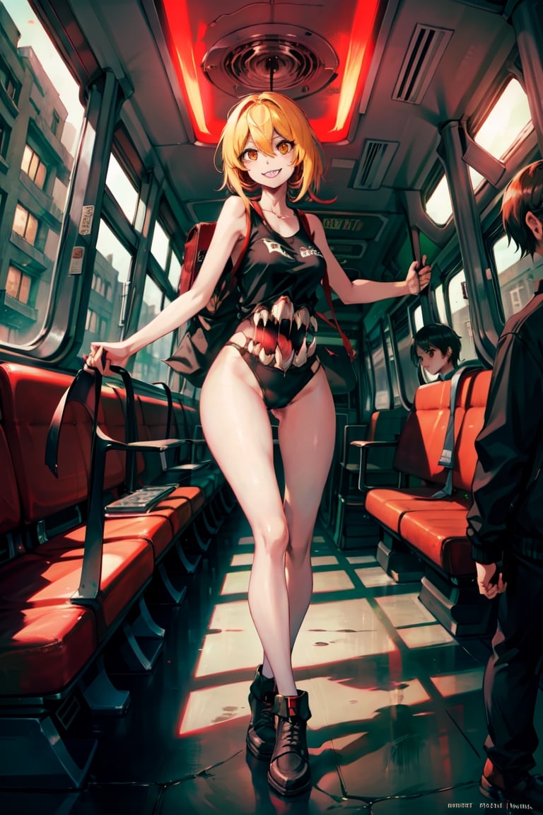 don quixote \(limbus company\),monster girl,full body, (in bus, bus interior:1.3),smiling,tanktop, (cyberpunk city), red sky, night,extra mouth, sharp teeth, bodyhorror,