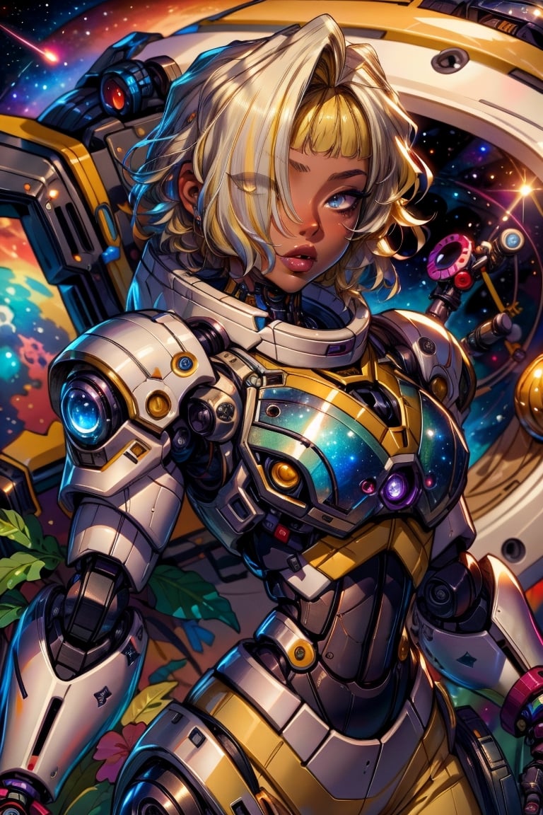 (masterpiece,best quality,absurdres,beautiful,aesthetic,detailed),fantasy,1girl,(dark skin), blonde hair, hair over one eye, multicolored hair, grey eyes,fantasy, robo, jungle, space ship,blonde hair