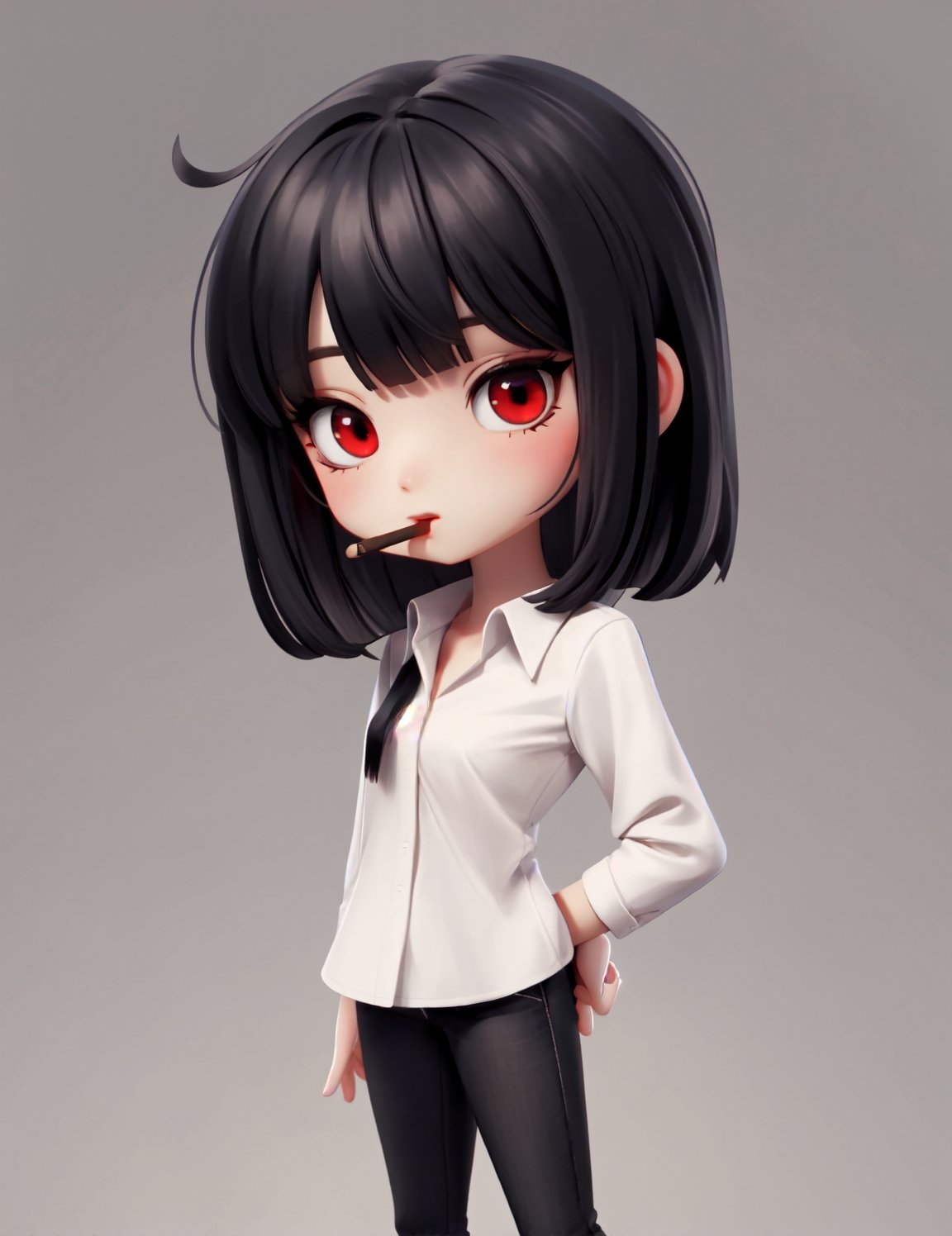  solo, chibi, full body, looking at viewer,  black hair,simple background,chibi,masterpiece, best quality, 1girl, red eyes, black hair, bangs, white shirt, cigaratte, smoking, cigar,rack,black jeans