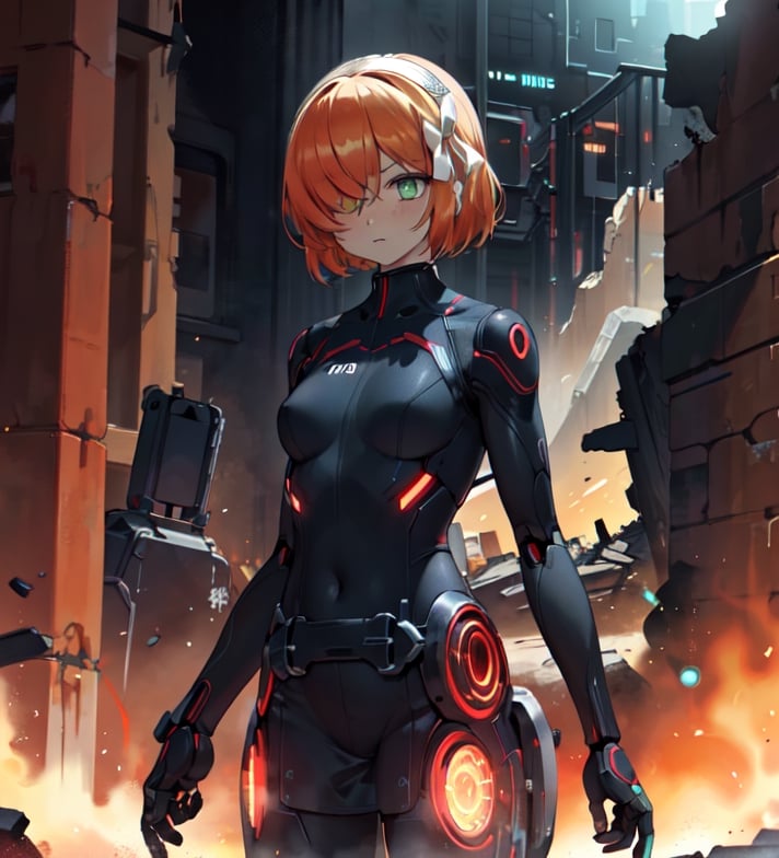 ,eggmantech,robot ,scifi ,  sageai, green eyes,  hair over one eye, black dress, glowing eyes, green eyes, orange hair, long hair,robotic,ishmael_limbus,a ruined city in the background, 1girl,cybernetic suit