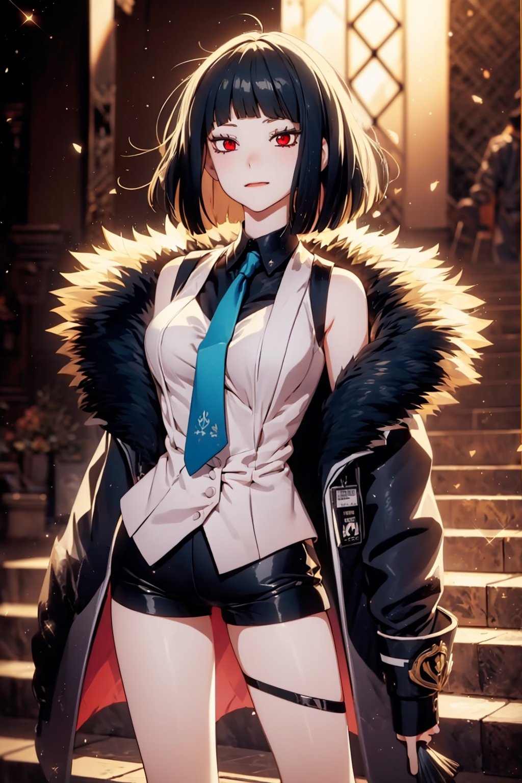 1 girl,masterpiece, best quality, 1girl, red eyes, black hair, bangs,shirt, jacket, fur trim, shorts, necktie,yuzu, 1girl