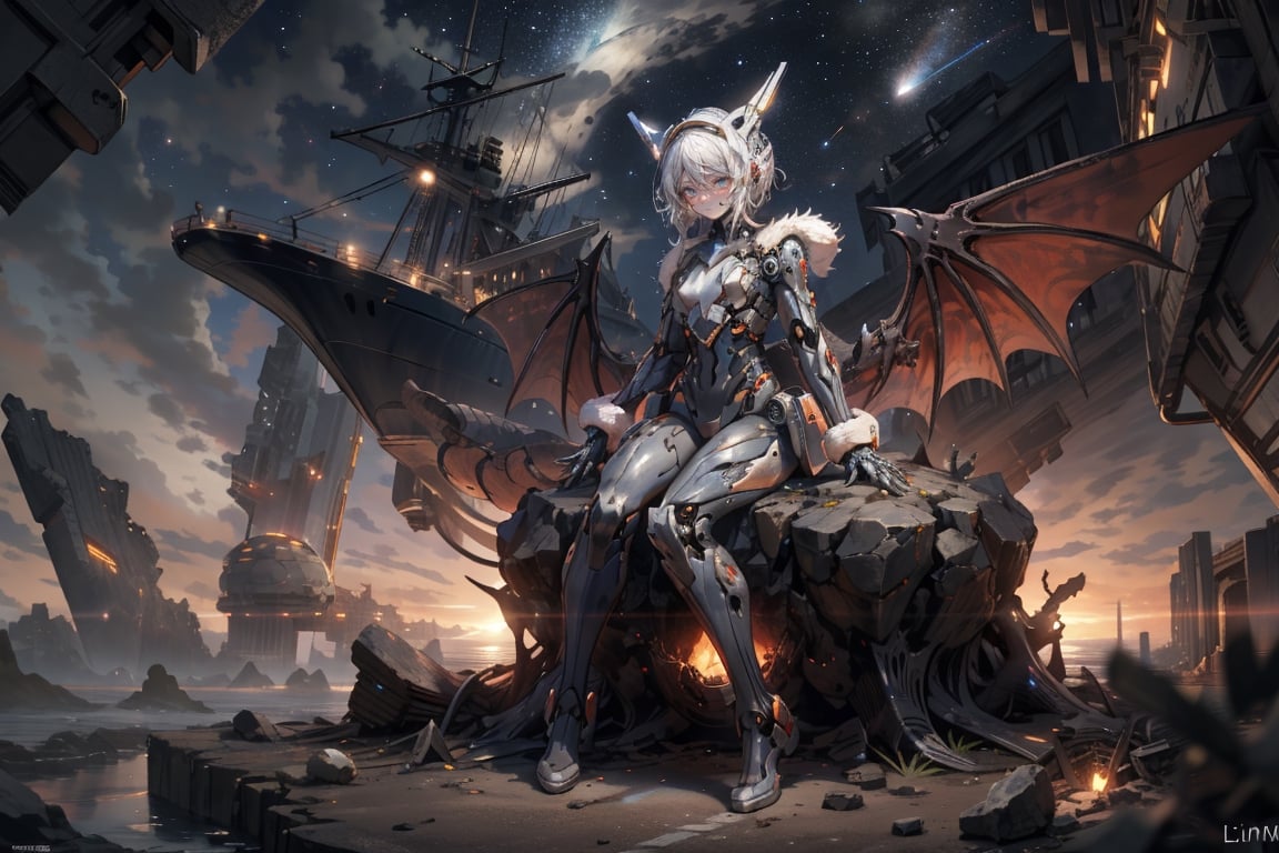 ear,mecha_musume,headgear,mechanical_arms,bodysuit,masterpiece, best quality,dragon, molten_rock, galaxy,sky,(wings),star \(sky\),night,starry,sky,Broken urban background, full body, women, holding a sword in his hand,ishmael_limbus,a woman is sitting in fur,the face is clear,faust_limbus,it stands on the hull of a flying futuristic ship,4 wings