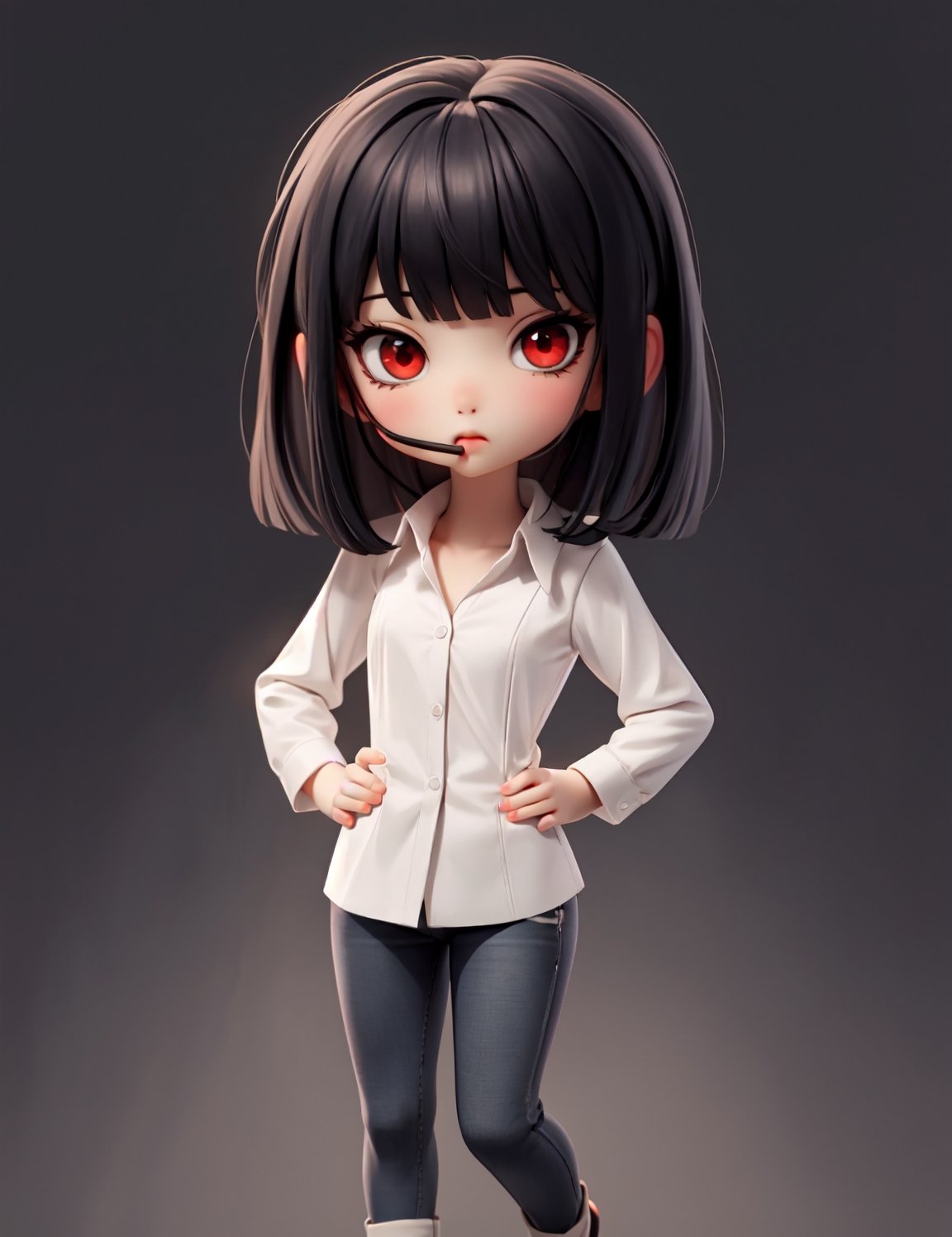  solo, chibi, full body, looking at viewer,  black hair,simple background,chibi,masterpiece, best quality, 1girl, red eyes, black hair, bangs, white shirt, cigaratte, smoking, cigar,rack,black jeans