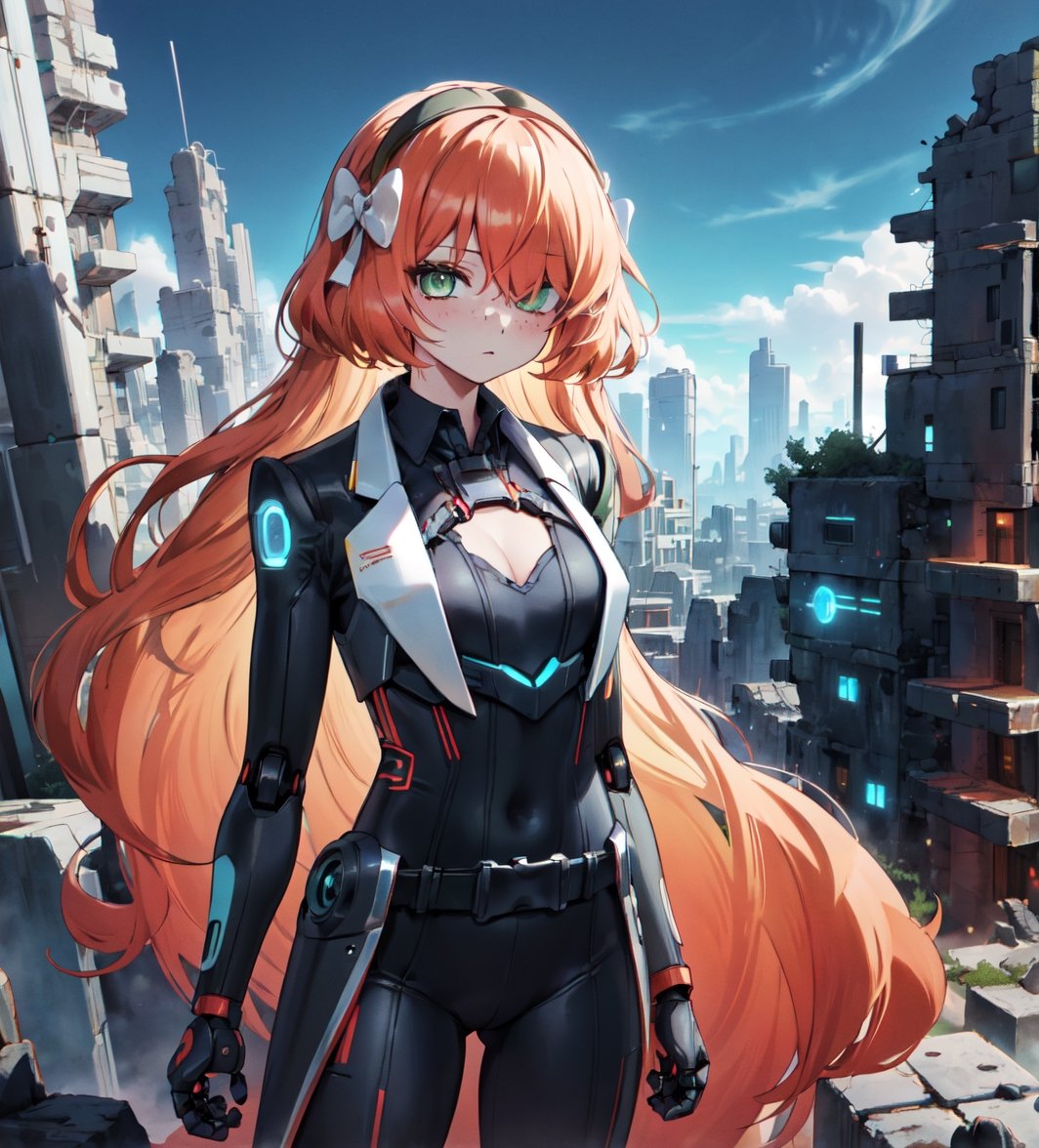 ,eggmantech,robot ,scifi ,  sageai, green eyes,  hair over one eye, black dress, glowing eyes, green eyes, orange hair, long hair,robotic,ishmael_limbus,a ruined city in the background, 1girl,cybernetic suit,DonMC3l3st14l3xpl0r3rsXL