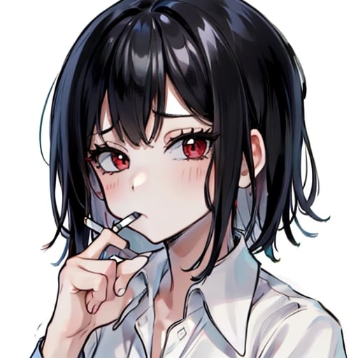 cigarette in the mouth, red eyes, short hair,black hair,NoBitchesHighly detailed, High Quality, Masterpiece, beautiful,solo, girl,white shirt,NoBitches