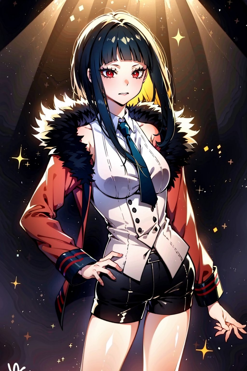 1 girl,masterpiece, best quality, 1girl, red eyes, black hair, bangs,shirt, jacket, fur trim, shorts, necktie,yuzu, 1girl,red jacket