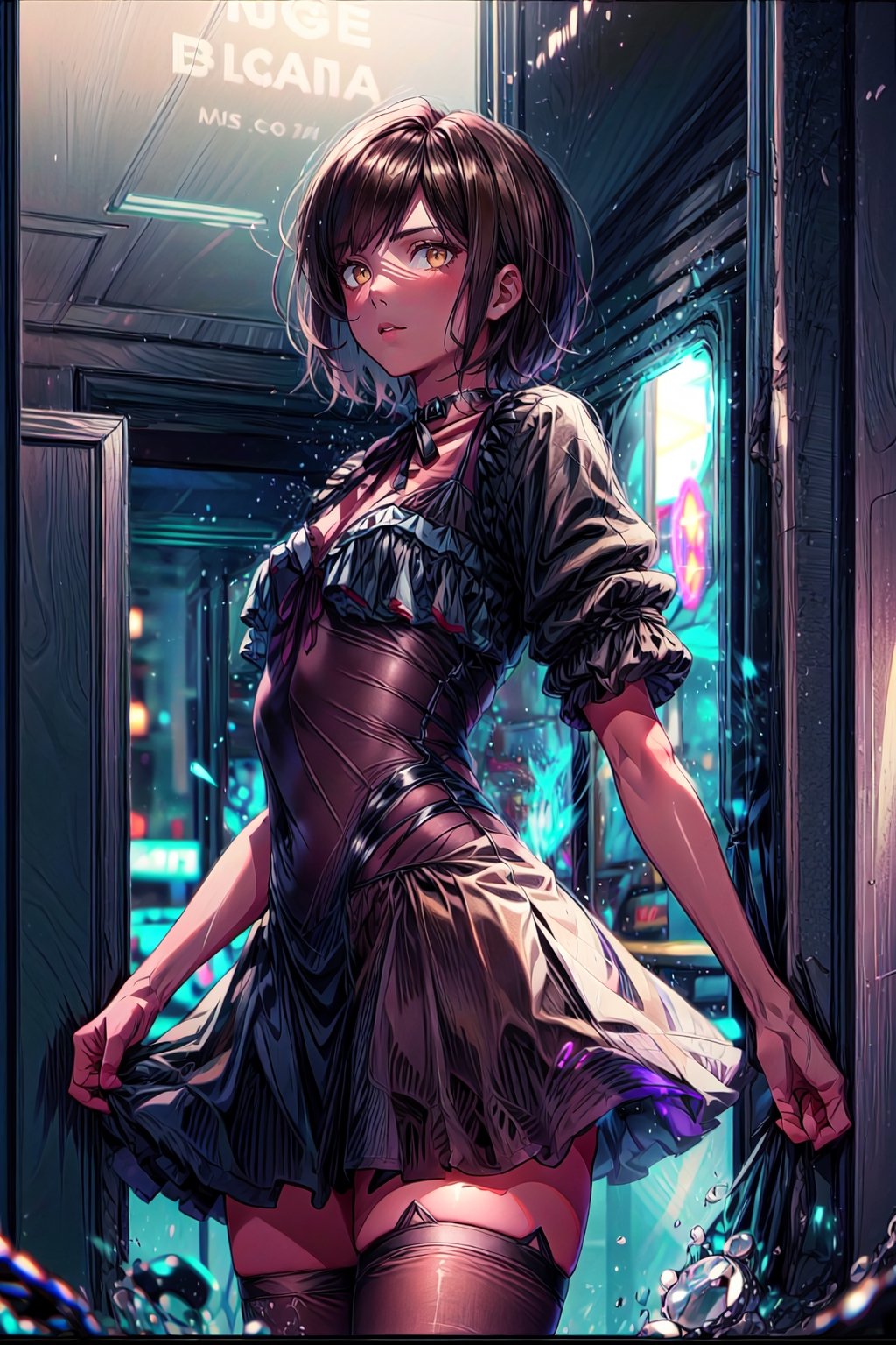 black nightgown,brunus hair,outis,masterpiece, best quality, 1girl, brown hair, short hair, yellow eyes,black nightgown, miniskirt, black thighhighs,extremely detailed, detailed hair, soft skin,(beautiful backdrop, casino, particles, chromatic aberration, detailed, cinematic), volumetric lighting, ambient soft lighting, 