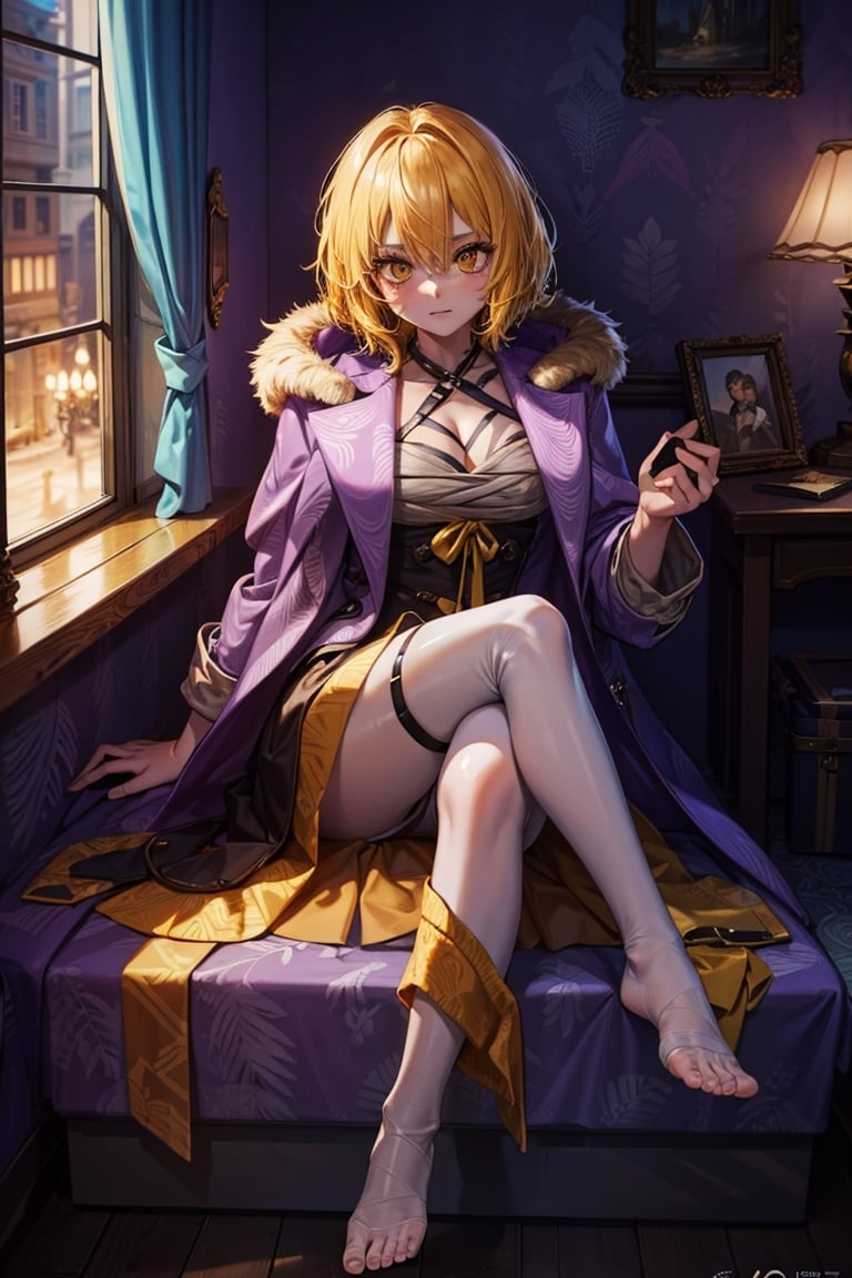 masterpiece, best quality, 1girl,yellow eyes, blonde hair, short hair,red orange fur coat,open neck, blush,look of contempt,open chest,(masterpiece:1.3, best quality:1.3), (8k, highres, raytracing, perfect lighting, OverallDetail, detailed), foot curtain with legs,dress