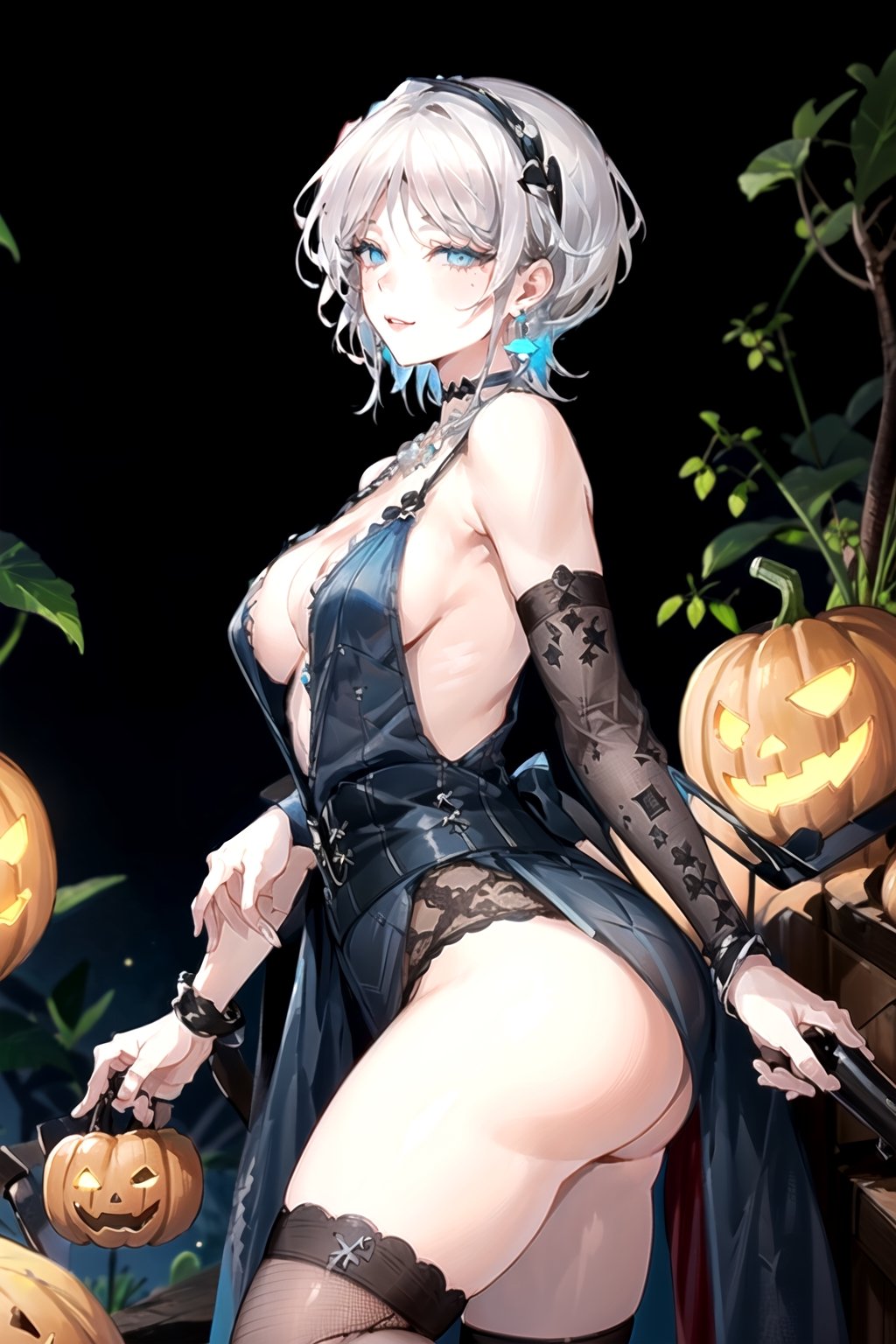 masterpiece, Beautiful woman in anime style, stylish pose, 
heart-shaped eyes, witch, Woman dressed in a spooky Halloween costume, holding a carved pumpkin, surrounded by pumpkin, 
8k, very clear, bare shoulders, looking at viewer, shoulder cutout, simple background, solo, highest quality, high resolution. 
best quality, illustration, showing panties, sax blue, platinum earrings, platinum necklace, 1girl, cute, (dynamic lighting:1.2), cinematic lighting, delicate facial features, detailed eyes, sharp pupils, realistic pupils, depth of field, bokeh, sharp focus, (hyper-detailed, bloom, glow:1.4), many small gems,faust_limbus, large ass, thick eyelashes, long eyelashes, (revealing dress:1.5 + fishnets:1.3 + arm straps:1.4 + thigh highs:1.4, large earrings, choker, bracelets,  cute smile:1.4, seductive:1.6, looking at viewer:1.4
