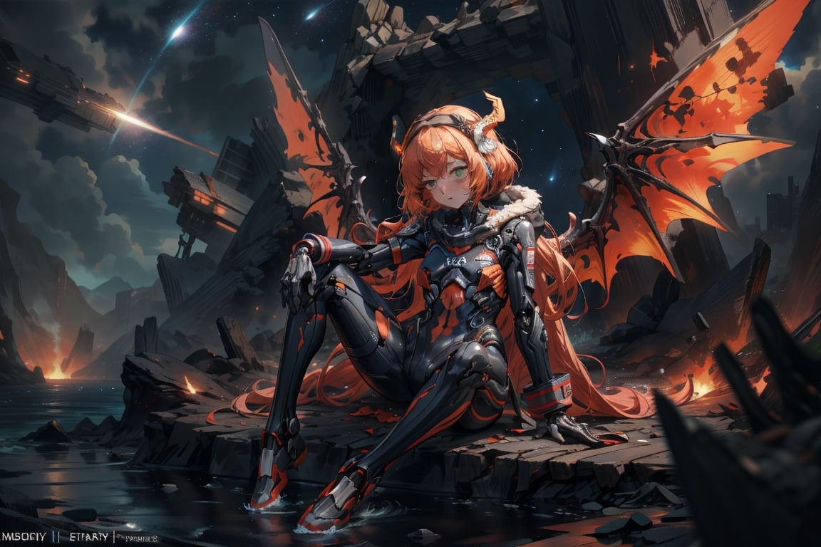 ear,mecha_musume,headgear,mechanical_arms,bodysuit,masterpiece, best quality,dragon, molten_rock, galaxy,sky,(wings),star \(sky\),night,starry,sky,Broken urban background, full body, women, holding a sword in his hand,ishmael_limbus,flying in the sky over the sea,a woman is sitting in fur