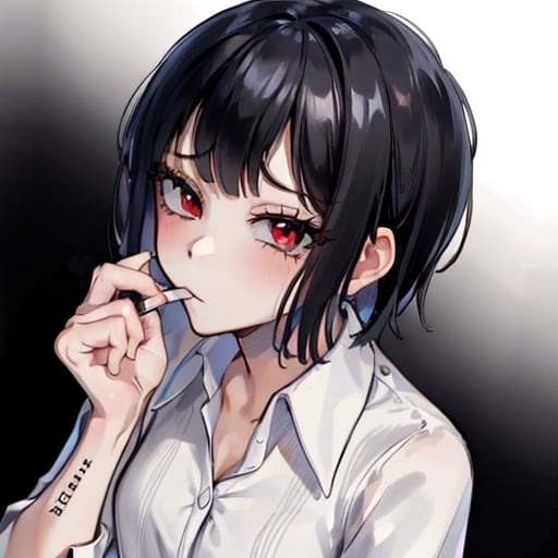 cigarette in the mouth, red eyes, short hair,black hair,NoBitchesHighly detailed, High Quality, Masterpiece, beautiful,solo, girl,white shirt,NoBitches