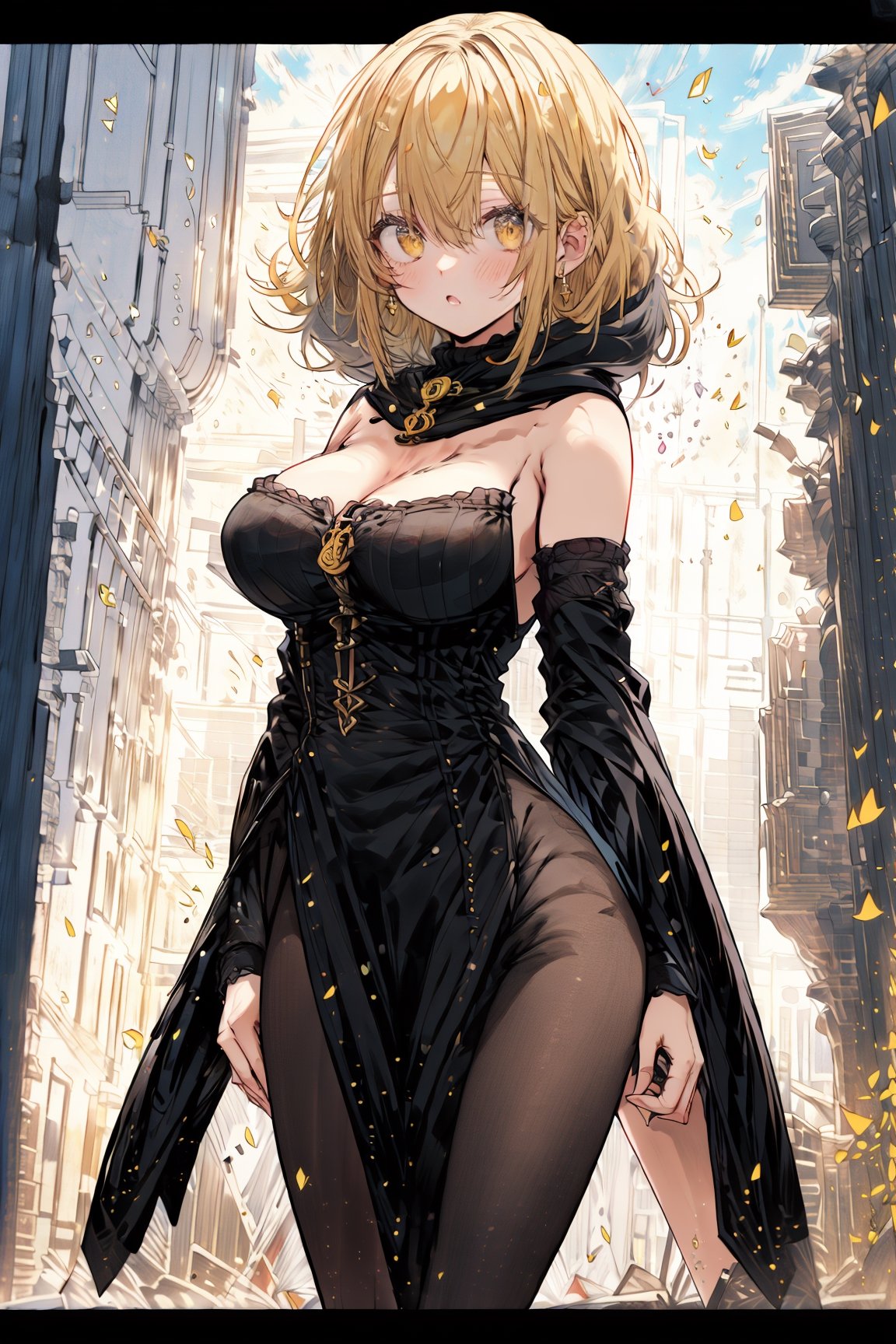 (masterpiece, best quality, high resolution:1.3), ultra resolution image, (1 girl), (solo), kawaii,short hair, black hoodie,standing,black strapless dress,don quixote \(limbus company\),black strapless dress,cloak,black pantyhose,dark background , yellow hair,the ruins of the mine on the background